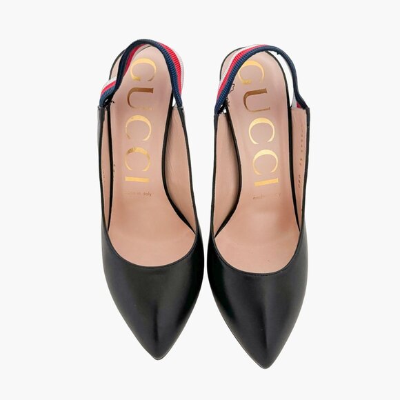 Gucci Sylvie Web Stripe Slingback Pumps EU 37 US 7 Black Pointed Toe High Heels - Picture 2 of 14